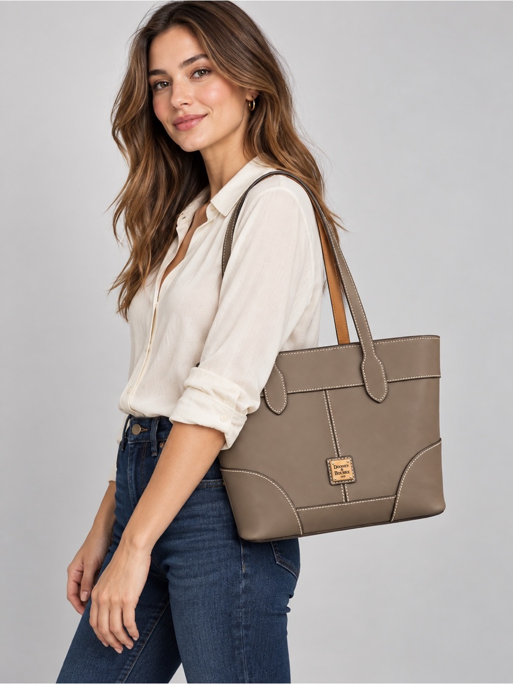 Dooney & Bourke Selleria Florentine Leather Taupe Tote Shoulder Bag